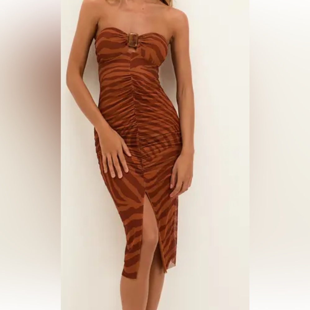 Vix Paula Hermanny Sundown Suzane Ruched Strapless Midi Dress in Rust - NWOT